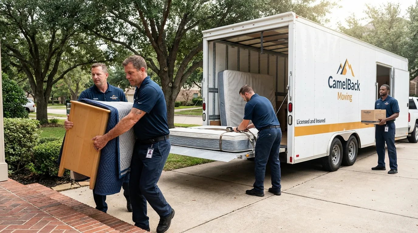 Crew loading residential truck for cross-state move from Angleton, TX