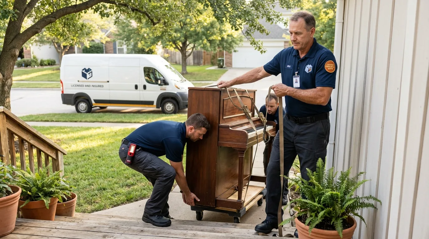 Licensed piano movers securing grand piano in Angleton, TX