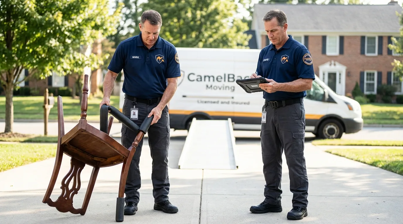 Movers inspecting furniture for damage prevention before loading in Angleton, TX