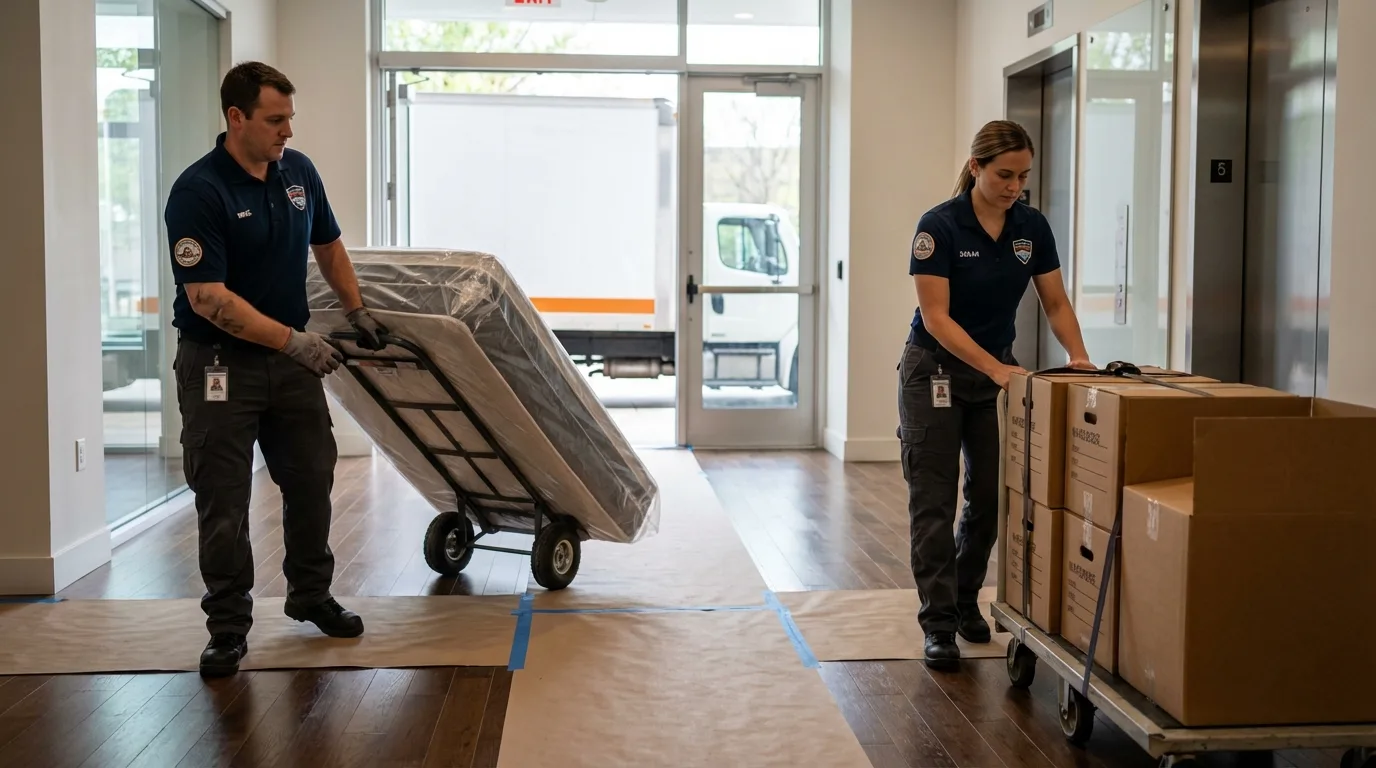 Professional apartment movers loading elevator in Angleton, TX