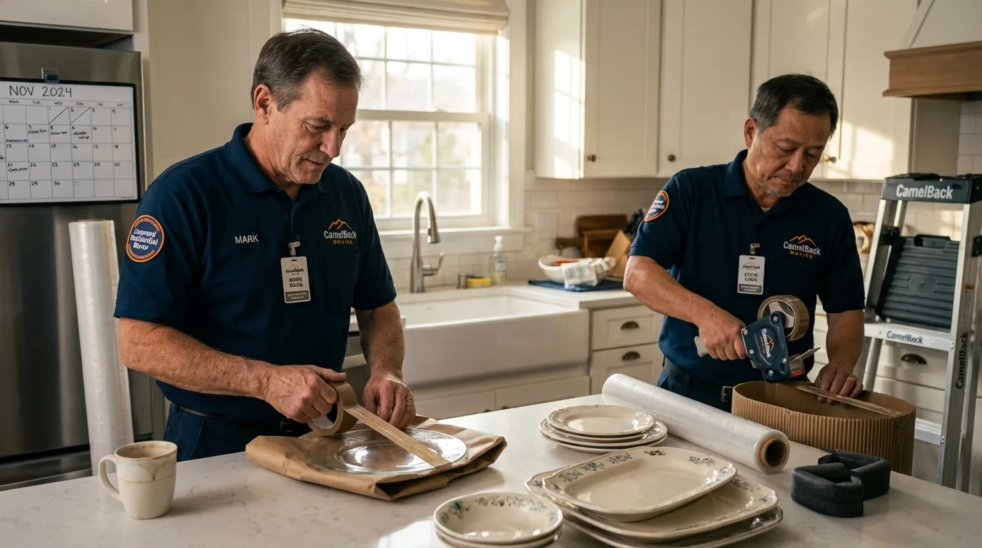 Professional crew packing kitchen dishware in Angleton, TX